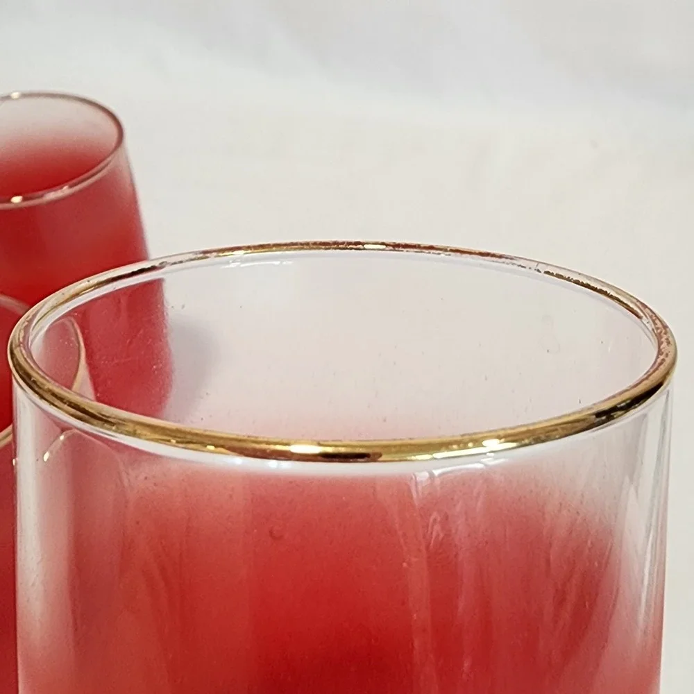 Set of 3 Vintage Blendo Red Frosted Ombre Tumbler Glasses Gold Rim MCM Highball